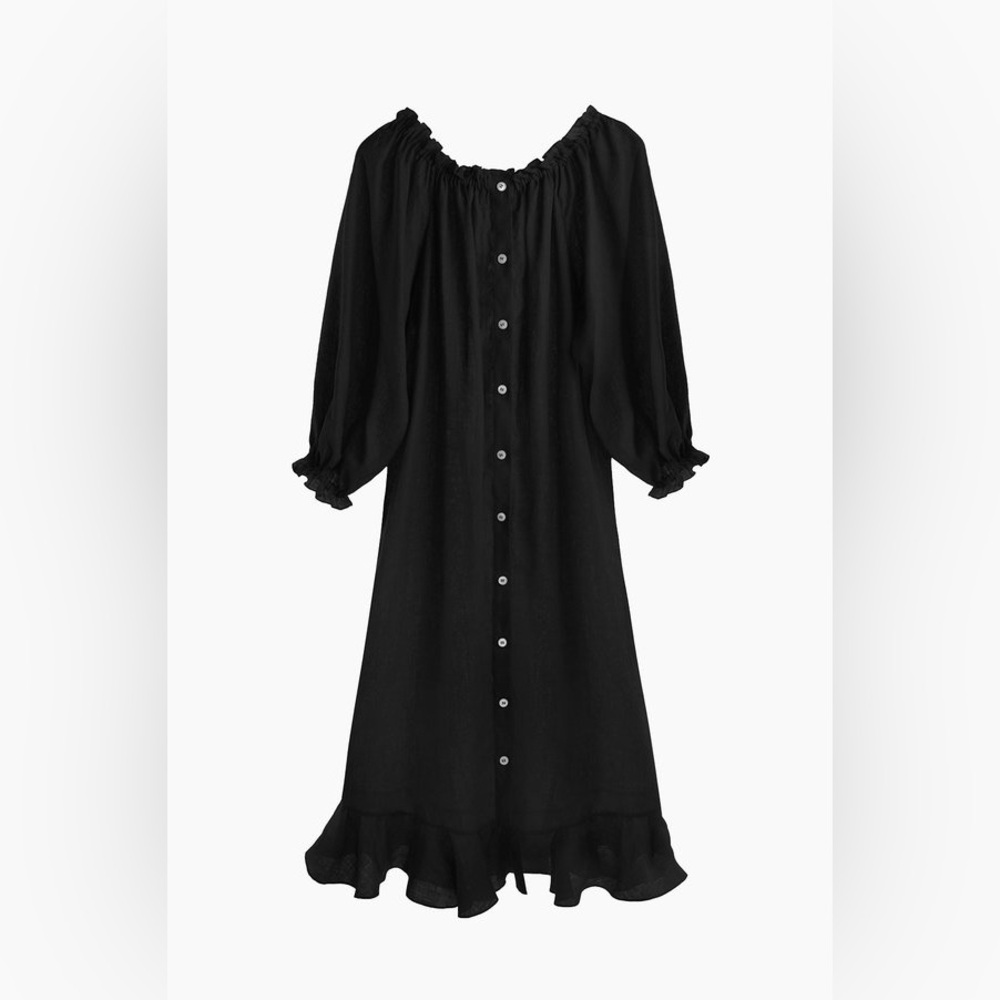 New! Sleeper Caviar Ruffled Off-Shoulder Black Button Front Midi Dress 🖤 OS - Picture 7 of 16